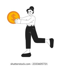 Saving money monochromatic flat vector character. Editable thin line full body young woman hold gold coin on white. Simple bw cartoon spot image for web graphic design