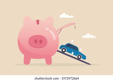 Saving Money For New Car, Automobile Expense And Cost Or Car Loan Concept, Wealthy Piggybank Open Container Loading Deliver New Car To New Owner.