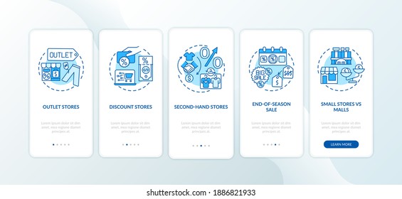 Saving money on buying clothing onboarding mobile app page screen with concepts. Secondhand stores walkthrough 5 steps graphic instructions. UI vector template with RGB color illustrations