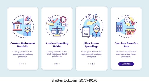 Saving money onboarding mobile app page screen. Analyze spending and money income walkthrough 4 steps graphic instructions with concepts. UI, UX, GUI vector template with linear color illustrations
