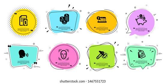 Saving money, Online accounting and Bio tags line icons set. Chat bubbles with quotes. Hammer blow, Payment and Coins signs. Face detection, Human sing symbols. Piggy bank, Web audit. Vector