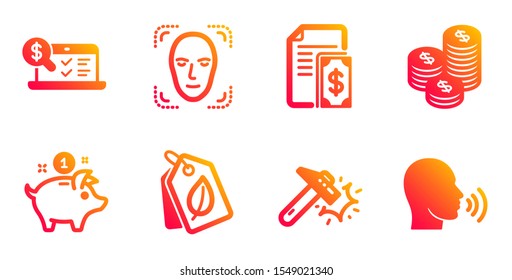 Saving money, Online accounting and Bio tags line icons set. Hammer blow, Payment and Coins signs. Face detection, Human sing symbols. Piggy bank, Web audit. Business set. Vector