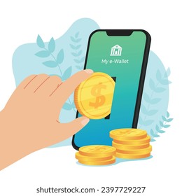 Saving money online banking concept. Hand dropping coin into mobile banking app. Cash deposit in digital wallet with coins in front. Online payment vector illustration isolated on white background.