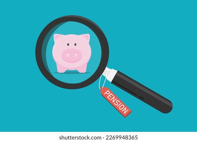 Saving money for pension concept, Magnifying glass hang tag with piggy bank on isolated background, Digital marketing illustration.