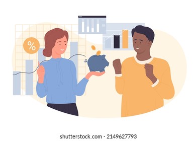 Saving money in piggy bank. Financial investment and managing personal economic budget cartoon vector illustration