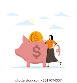 Saving money in a piggy bank, The first lump sum is deducted from income for saving, Set aside some money for saving, Youth or entrepreneurs and piggy banks. flat vector illustration.