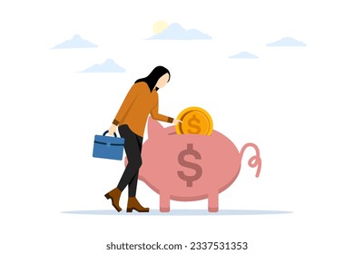 Saving money in piggy bank. The first lump sum is deducted from your income to save. Set aside some money for savings. woman or businesswoman and piggy bank. flat vector illustration.