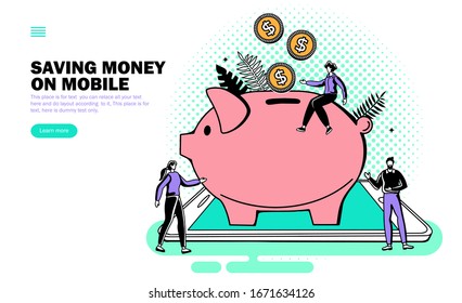 saving money with piggy bank on smartphone vector