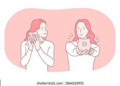 Saving money, piggybank, budget concept. Young positive woman cartoon character holding and showing pink piggybank with coins and money inside. Collect money, business, earnings, income