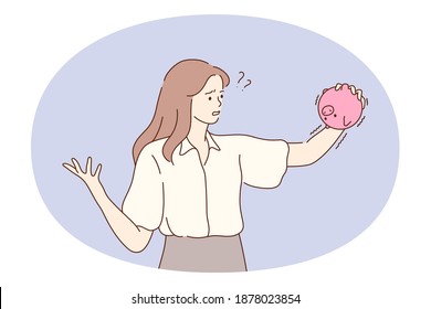 Saving money, piggybank, financial loss concept. Young frustrated woman cartoon character standing with empty pink piggybank and feeling lack if understanding for money loss. Collecting money