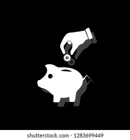 Saving Money with Pink Piggy. White flat simple icon with shadow