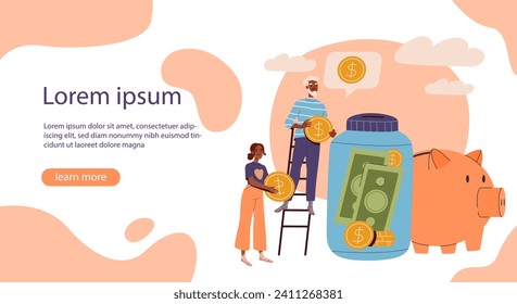 Saving money poster. Landing page design. Man and woman with cash near glass jar. Savings and budget. Family with financial literacy and passive income. Cartoon flat vector illustration