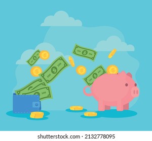 saving money poster with wallet and piggy