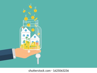 Saving money for prepare in future concept, Vector illustration EPS10 of Businessman holding model house and gold coin money in the glass bottle on green background, Finance and Banking