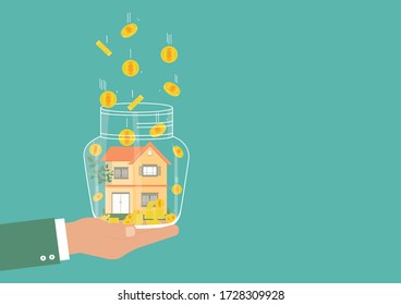 Saving money for prepare in future concept, Vector illustration EPS10 of Businessman holding model house and gold coin money in the glass bottle on green background, Finance and Banking