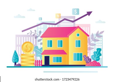 Saving money for real estate investing. Investment concept. Buying a property, capital increase. Rental income, house loan, mortgage debt. Growing profit chart. Flat vector illustration