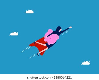 Saving money and recovering from financial crises. Businesswoman hero holding piggy bank soars in the sky