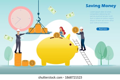 Saving money, return on investment, banking financial concept. Woman put gold coins into piggy bank with help from banking team in long term investment. Vector Illustration.