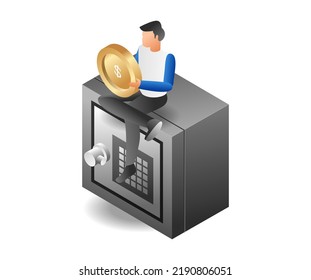 Saving money in the safe in isometric and flat illustration