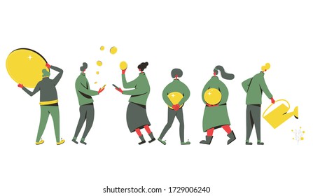 Saving money set. Flat characters with finance symbols isolated on white background. People watering and harvesting crops of huge coins. Curency exchange or payment. Vector illustration.