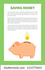 Saving money in special pig container logo, coin box vector illustration with green frame and text sample, abstract finance storage cute animal