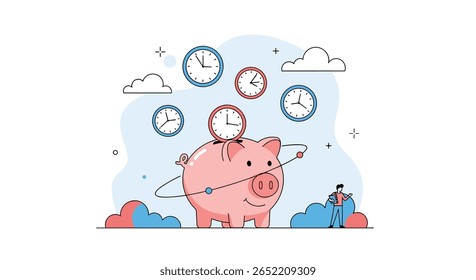 Saving Money and Time Effectively With a Piggy Bank Surrounded by Clocks and a Small Person