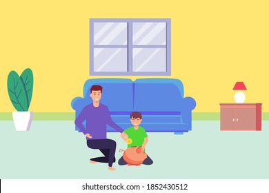 Saving money vector concept: Little son and his father saving money on piggy bank together