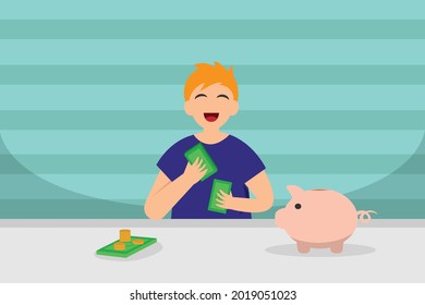 Saving money vector concept: Little boy saving his money on piggy bank while holding his money
