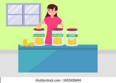 Saving money vector concept: Young girl saving money inside jar for education, college and toys