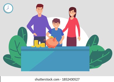 Saving Money Vector Concept: Young Parents Teaching Their Son To Save Money On Piggy Bank