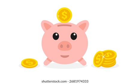 Ilustración vectorial de ahorro de dinero. Linda hucha con monedas de oro. Concepto de presupuesto y crecimiento de la riqueza