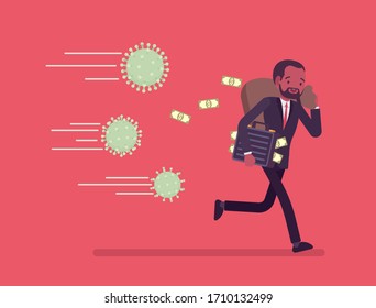 Saving Money From Virus Attack. Black Man Running Away To Escape Economic Shock, Business Bankruptcy, Financial, Banking Crisis, Avoid Stress In Capital Markets. Vector Flat Style Cartoon Illustration