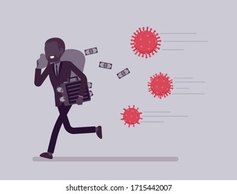 Saving money from virus attack. Man running away to escape economic shock, business bankruptcy, financial, banking crisis, avoid stress in capital markets. Vector illustration, faceless character