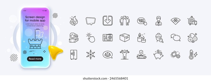 Saving money, Vitamin u and Women headhunting line icons for web app. Phone mockup gradient screen. Pack of Snowflake, Hot offer, 5g wifi pictogram icons. Vector