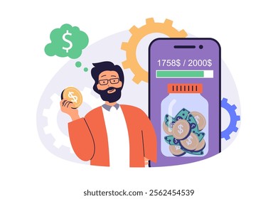 Saving money web concept with flat cartoon people for website design. Man collecting coins and cash using mobile app, making deposits in bank and getting profit at account. Vector illustration.