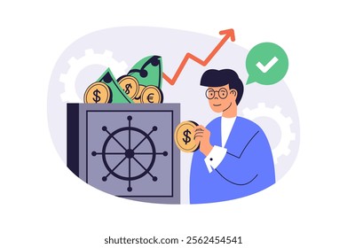 Saving money web concept with flat cartoon people for website design. Man collecting coins and cash, keeping personal finance at bank safe, getting profit and earning wealth. Vector illustration.