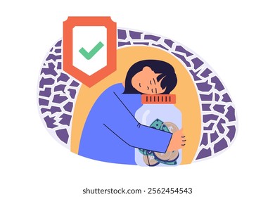 Saving money web concept with flat cartoon people for website design. Woman hugging glass jar where collecting coins with financial strategy, feeling stability and safety shield. Vector illustration.