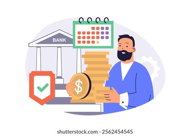 Saving money web concept with flat cartoon people for website design. Man making investments with financial strategy, collecting coins and making deposit in bank with program. Vector illustration.