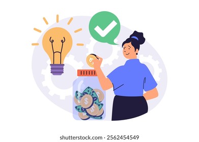 Saving money web concept with flat cartoon people for website design. Woman putting coins and cash in glass jar, managing personal finance, creating ideas for getting profit. Vector illustration.