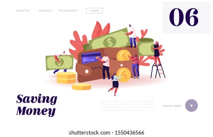 Saving Money Website Landing Page. Tiny Male and Female Characters with Huge Golden Coins Bills and Credit Cards Walking around Huge Purse. Capital Web Page Banner. Cartoon Flat Vector Illustration