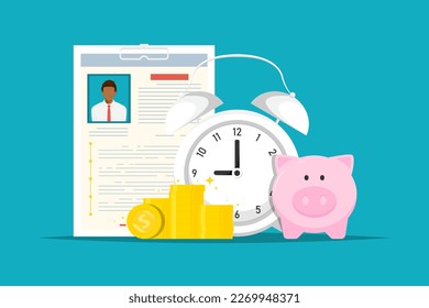 Ahorro de dinero del trabajo para el concepto futuro, Perfil trabajo personal con el banco Piggy, reloj, moneda de oro en fondo aislado, Ilustración de marketing digital.