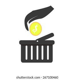 saving money,hand  and coin over basket market