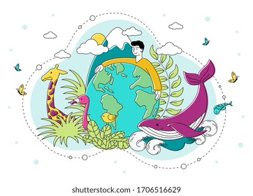 Salvar el medio ambiente natural y el planeta con un joven rodeando un globo con sus brazos rodeados de plantas, aves, animales y vida marina, ilustración vectorial