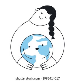 Salvar la naturaleza, las iniciativas ecológicas, la protección del medio ambiente y la tierra. Caricatura de una mujer con un planeta azul alegre. Ilustración vectorial elegante de línea delgada sobre blanco.