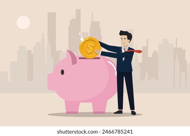 Ahorrar para la vejez, construir riqueza o frugalidad, ahorrar dinero para el concepto de futuro, el hombre de negocios ahorrando en la alcancía.