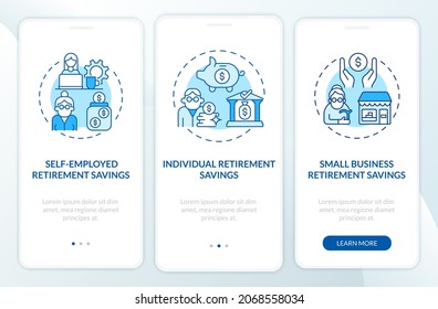 Saving options onboarding mobile app page screen. Self-employed retirement savings walkthrough 3 steps graphic instructions with concepts. UI, UX, GUI vector template with linear color illustrations