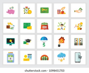 Saving and payment concept. Flat icon set. Investment, deposit, mortgage. Can be used for topics like business, finance, banking