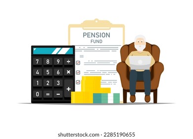 Ahorrando el concepto de pensiones, el anciano sentado sofá silla tecleando portátil con documento de papel, calculadora, dinero en fondo aislado, ilustración de marketing digital.