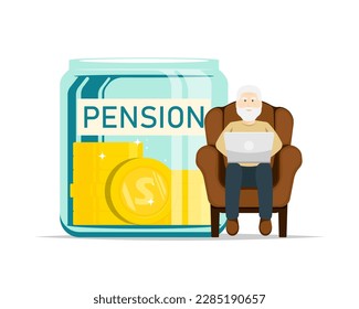Saving pension concept, Senior man sit sofa chair typing laptop with jar coin on isolated background, Digital marketing illustration.