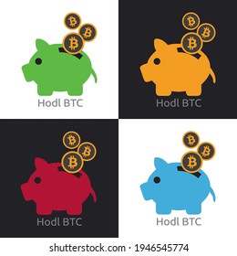 Saving piggy bank with bitcoin, with the name hodl ,multicolor cryptocurrency icon design vector